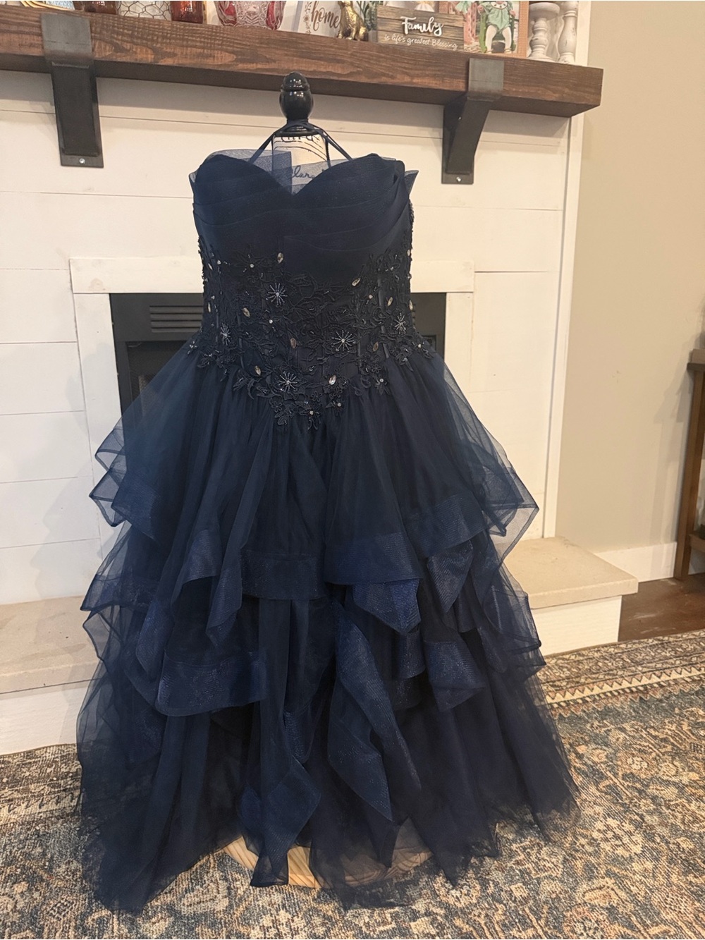 Navy Blue Ruffled Tulle Party Dress with Floral Beaded Bodice